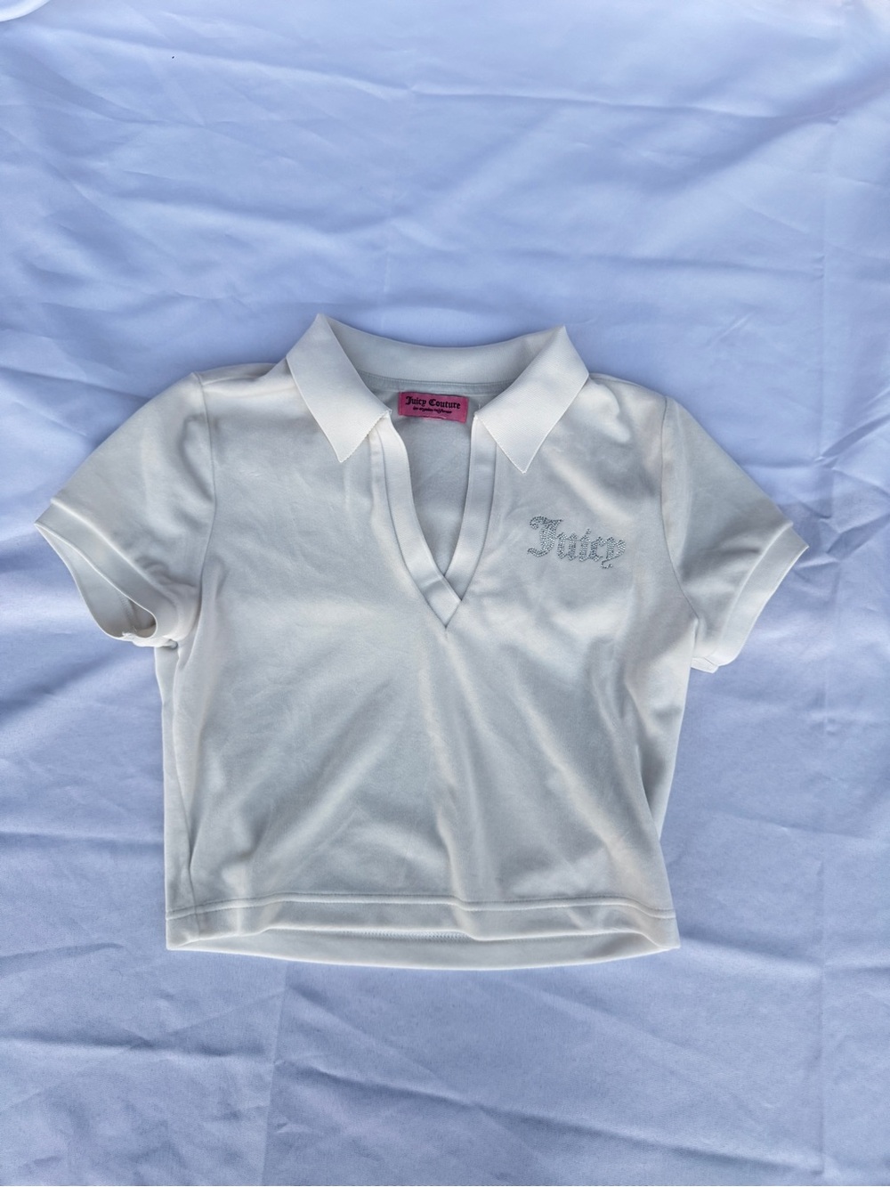 Juicy Couture White Short-Sleeve V-Collar Rhinestone Logo Crop Top
